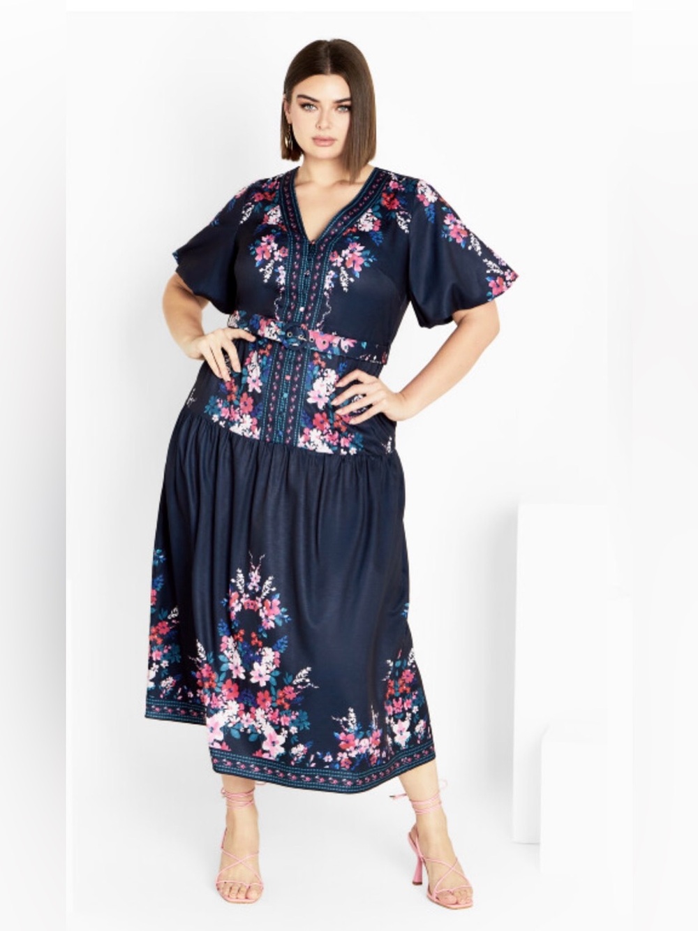 City Chic Zury Dress Navy Floral V-Neck Midi Dress